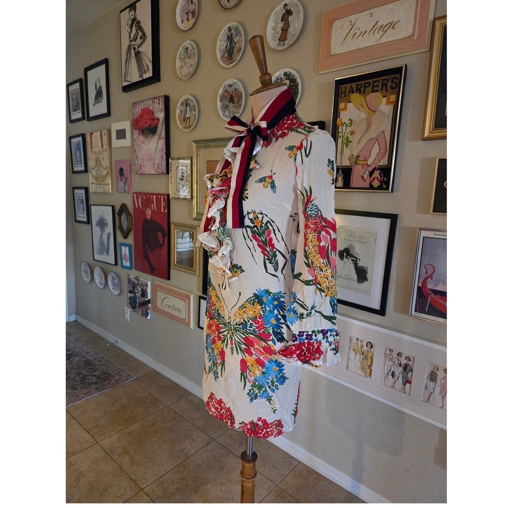 Gucci Silk Floral Butterfly Print Ruffle Bow Mini Dress 434347 Ivory S - Picture 4 of 9